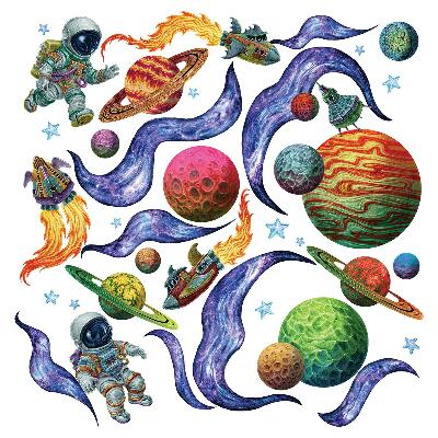 Autocolante pereți copii100x155 Univers de desene animate cu rachetă și astronauți