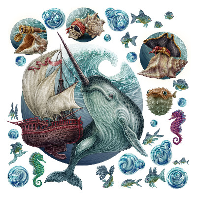 Autocolante pereți copii100x109 Lumea mării de desene animate cu barcă și animale