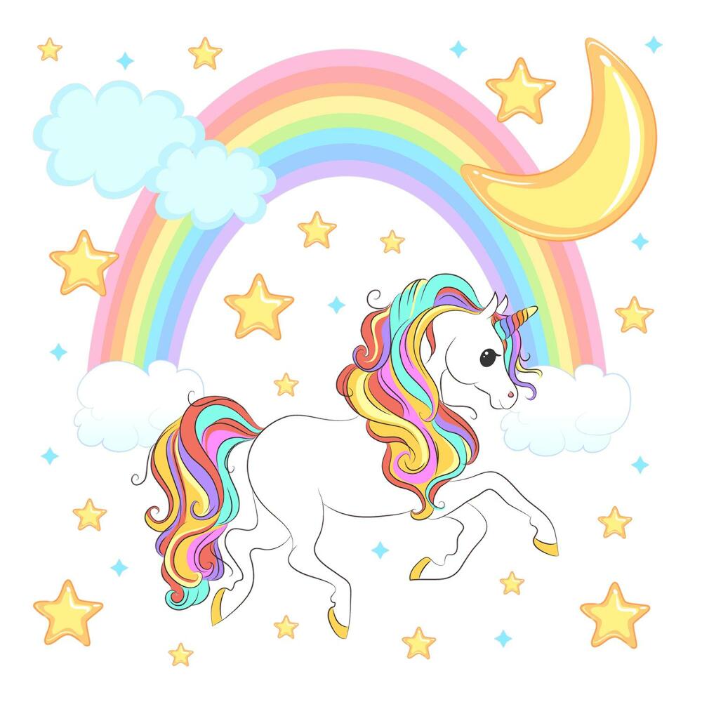 Autocolante pereți copii100x179 Stele și lună cu unicorn colorat