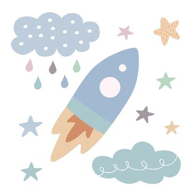 Autocolante pereți copii100x167 Cer pastelat cu o rachetă și nori de stele