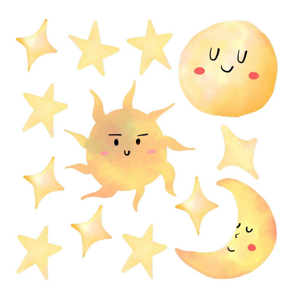 Autocolante pereți copii100x149 Motive pastelate cu soare și lună în acuarelă