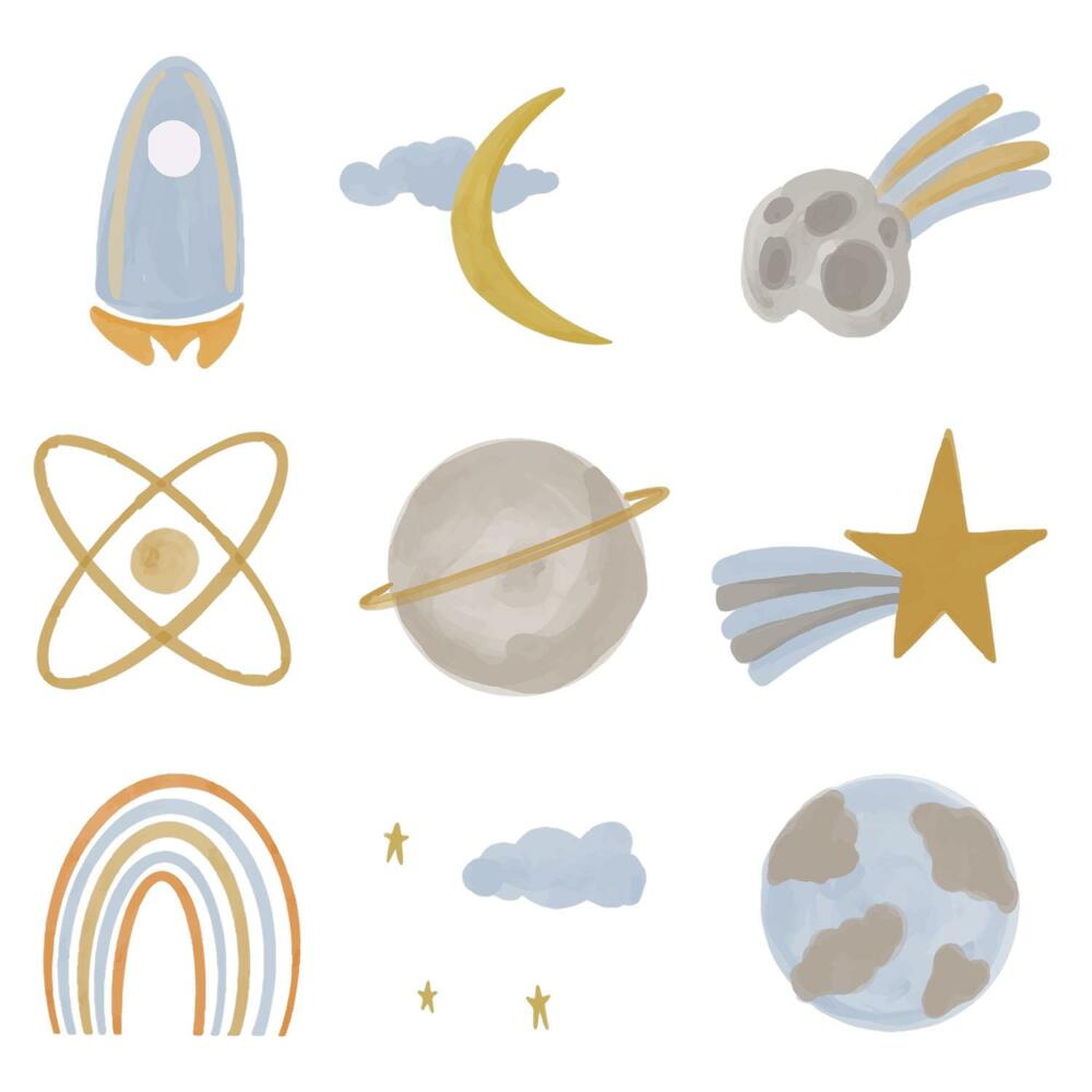 Autocolante pereți copii100x167 Motiv pastelat de rachetă printre planete și stele