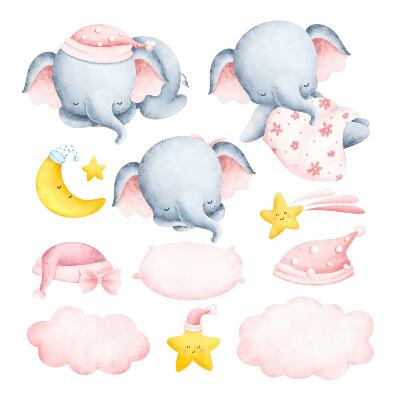 Autocolante pereți copii100x152 Elefanți pastelați drăguți cu nori pe cer