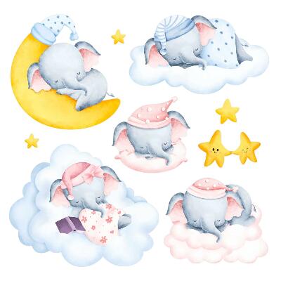 Autocolante pereți copii100x140 Un cer nocturn fermecător cu elefanți și nori
