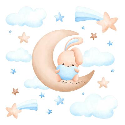 Autocolante pereți copii100x165 Motiv pastelat de iepuraș și nor în acuarelă