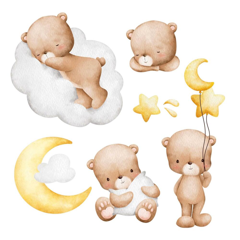 Autocolante pereți copii100x158 Ursuleți de pluș pastelați cu nori și lună