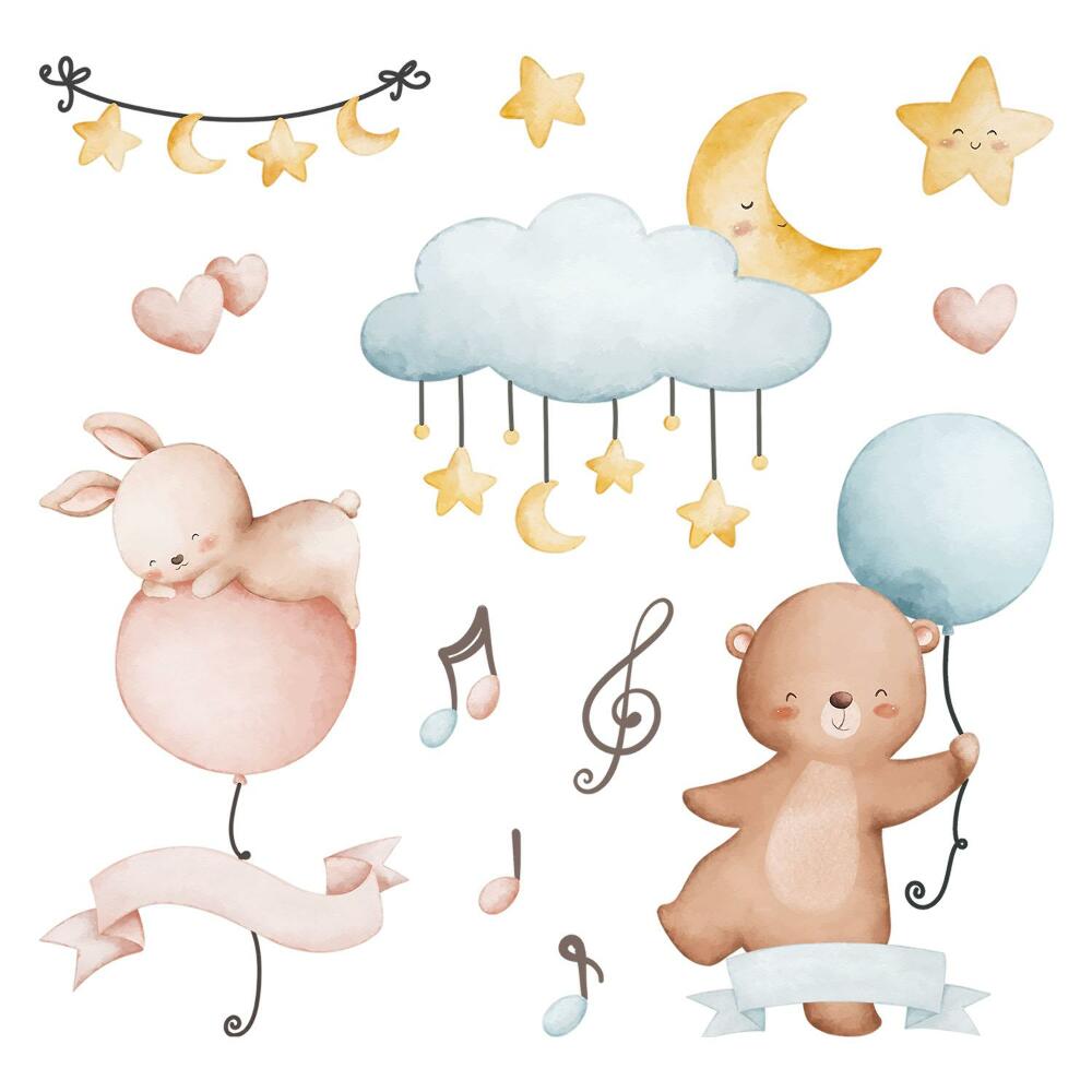 Autocolante pereți copii100x148 Animale muzicale în culori delicate