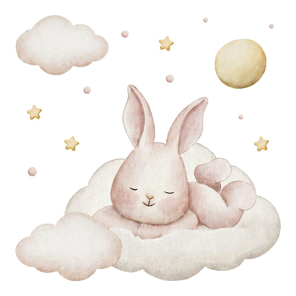 Autocolante pereți copii100x86 Iepuraș în nori cu stele pastelate