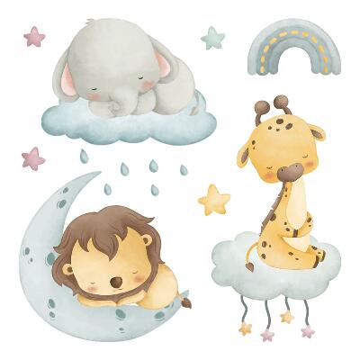 Autocolante pereți copii100x152 Animale în acuarelă pastelată pe fundalul cerului