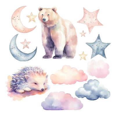 Autocolante pereți copii100x178 Animale pastelate și un cer nocturn în stil acuarelă