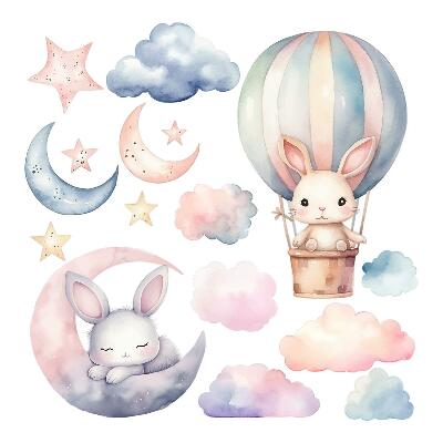 Autocolante pereți copii100x133 Balon de noapte cu iepuri drăguți în acuarelă