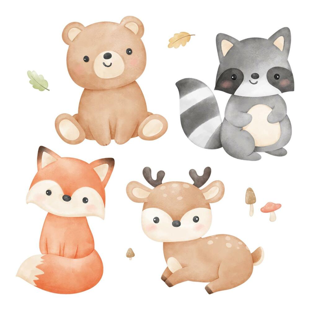 Autocolante pereți copii100x127 Creaturi ale pădurii în acuarelă pastelată