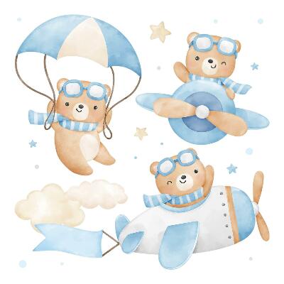 Autocolante pereți copii100x157 Ursuleți de pluș în stil pastel acuarelă pe cer