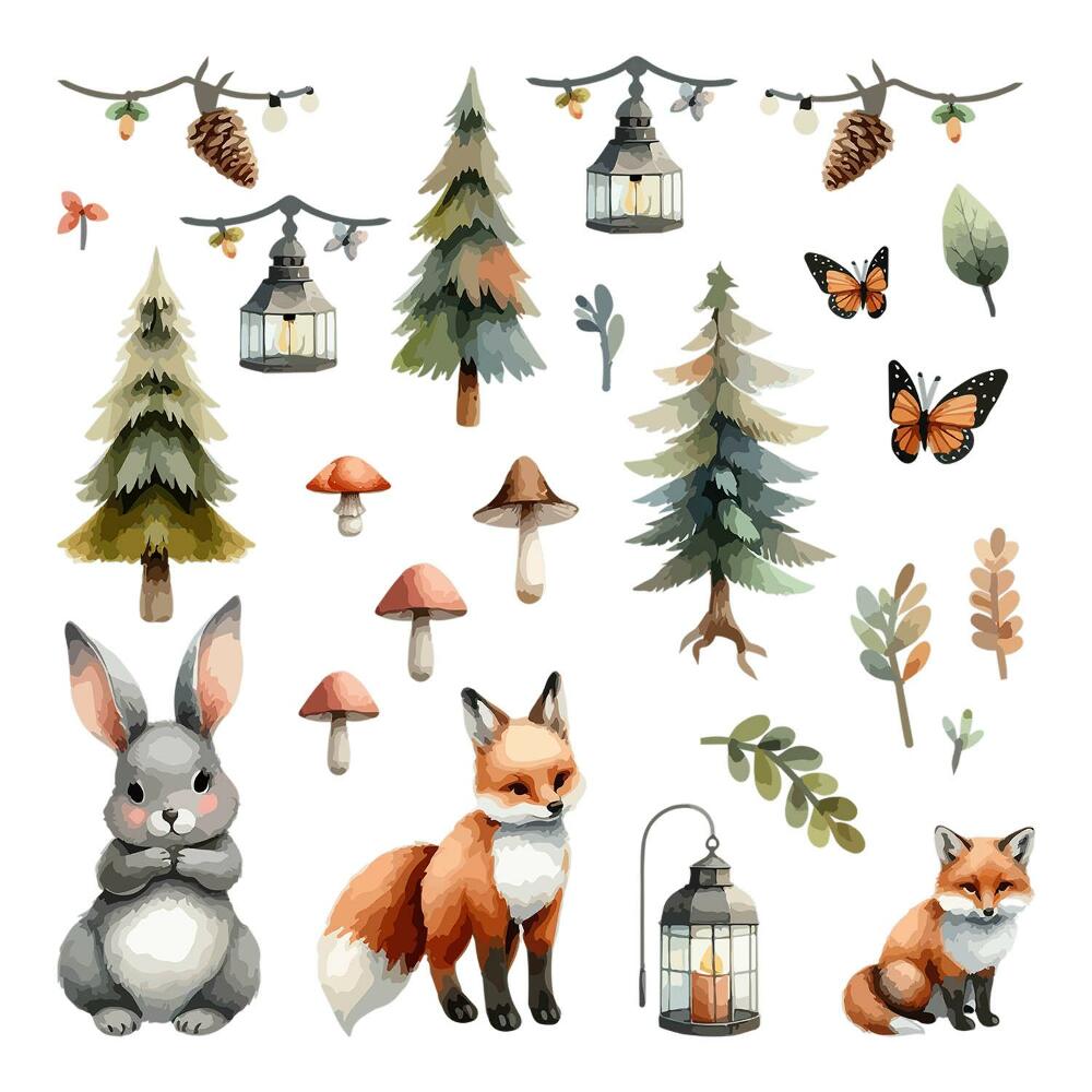 Autocolante pereți copii100x108 Acuarelă boho cu motive de faună și floră