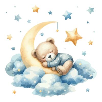 Autocolante pereți copii100x95 Un ursuleț de pluș într-un vis pastelat pe nori și stele