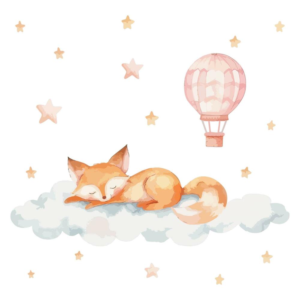 Autocolante pereți copii100x156 O vulpe pe un nor cu stele și un balon în acuarelă