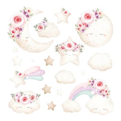 Autocolante pereți copii100x138 Modele pastelate de acuarelă cu flori și cer