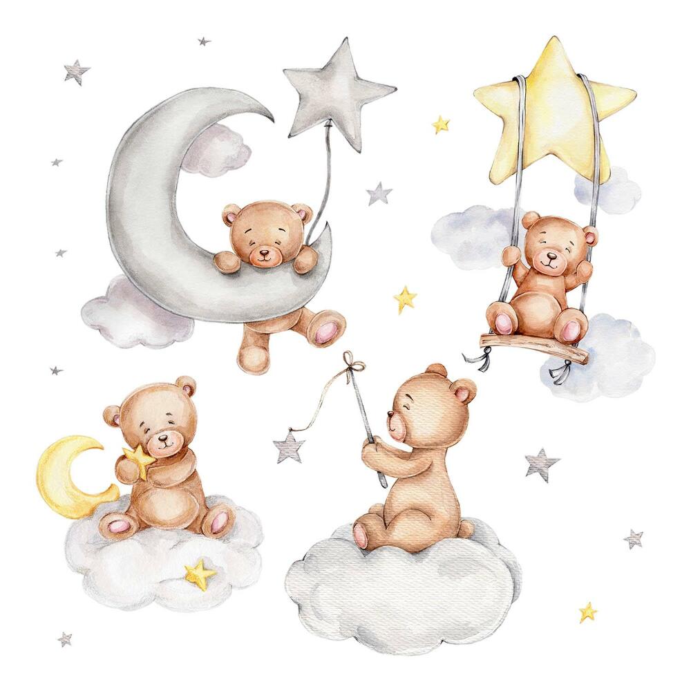 Autocolante pereți copii100x177 Ursuleți de pluș pastelați în acuarelă de nori