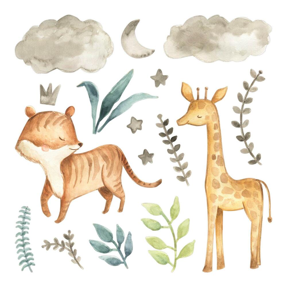 Autocolante pereți copii100x165 Safari în acuarelă cu plante și animale