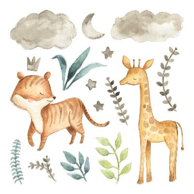 Autocolante pereți copii100x165 Safari în acuarelă cu plante și animale