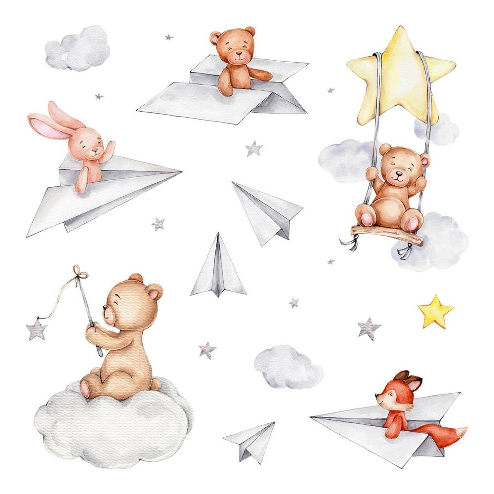 Autocolante pereți copii100x142 Avioane pastelate cu animale în acuarelă