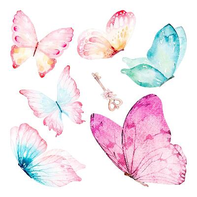 Autocolante pereți copii100x161 Fluturi în culori pastelate cu o cheie în fundal