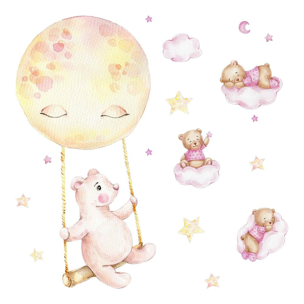 Autocolante pereți copii100x142 Ursuleți de pluș drăguți în culori de acuarelă