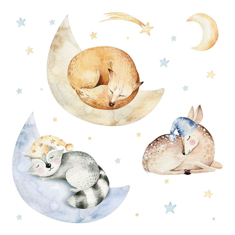 Autocolante pereți copii100x144 Animale de pădure în acuarelă în spațiu pastelat