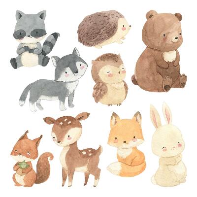 Autocolante pereți copii100x174 Ilustrații drăguțe în acuarelă cu animale din pădure