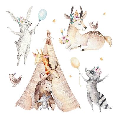 Autocolante pereți copii100x162 Animale fermecătoare într-un decor pastelat de pădure