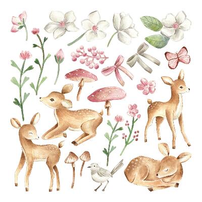 Autocolante pereți copii100x148 Căprioară mică într-un decor pastelat în acuarelă