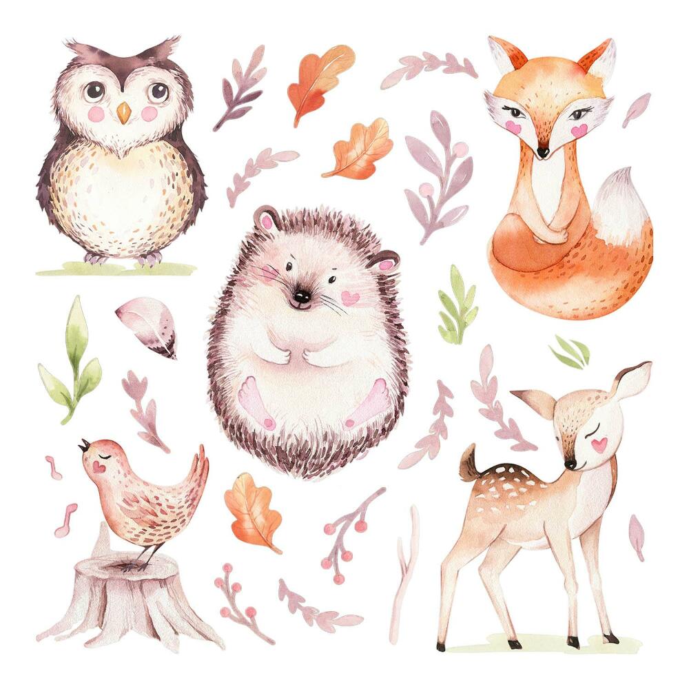 Autocolante pereți copii100x118 Animale și plante pastelate în stil forestier