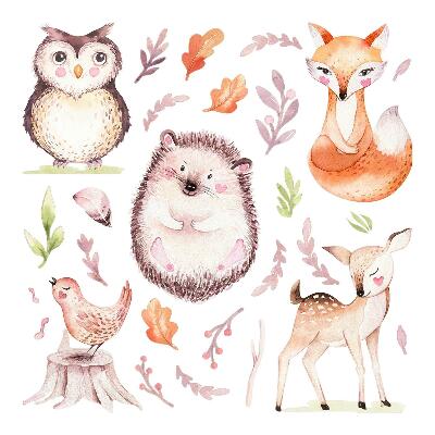 Autocolante pereți copii100x118 Animale și plante pastelate în stil forestier