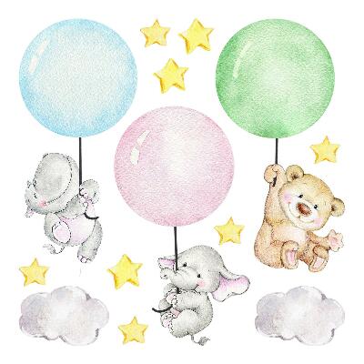 Autocolante pereți copii100x141 Ursuleț de pluș hipopotam cu animale în formă de balon pastel