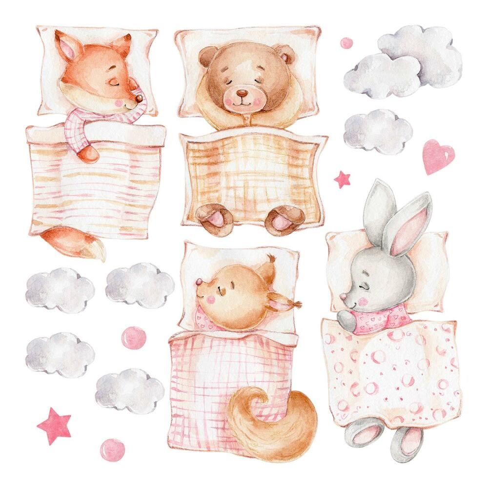 Autocolante pereți copii100x135 Animale în acuarelă pastelată într-un stil fermecător