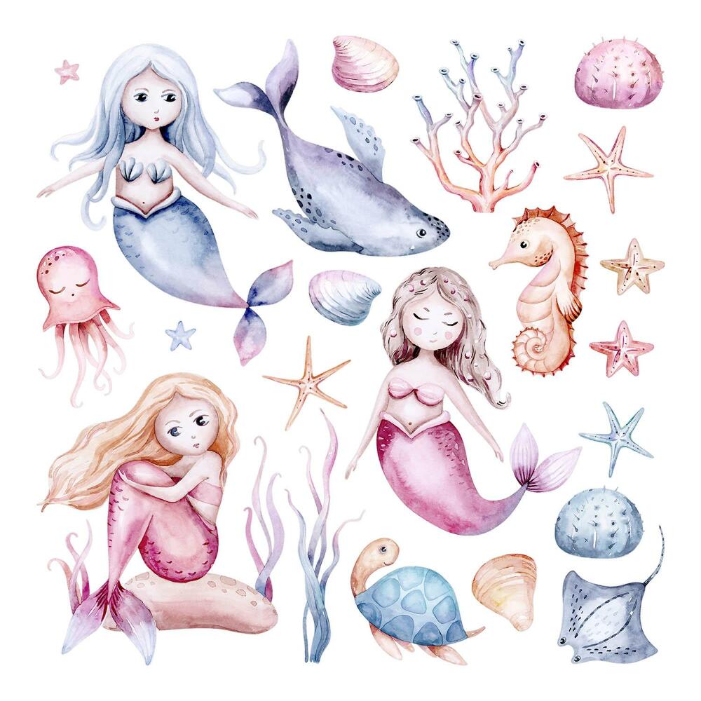 Autocolante pereți copii100x126 Sirene pastelate într-un peisaj marin în acuarelă