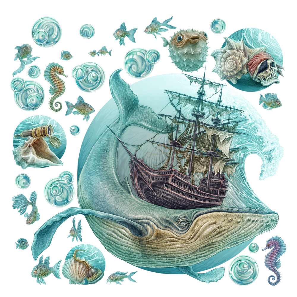 Autocolante pereți copii100x118 O poveste marină cu animale pastelate