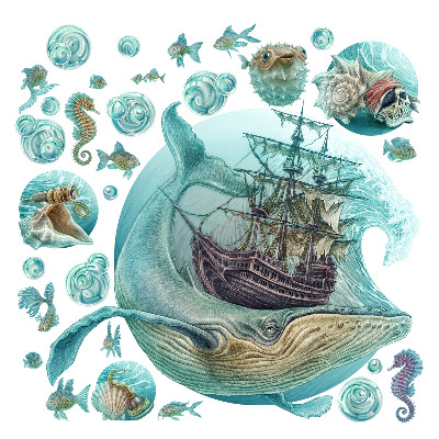 Autocolante pereți copii100x118 O poveste marină cu animale pastelate