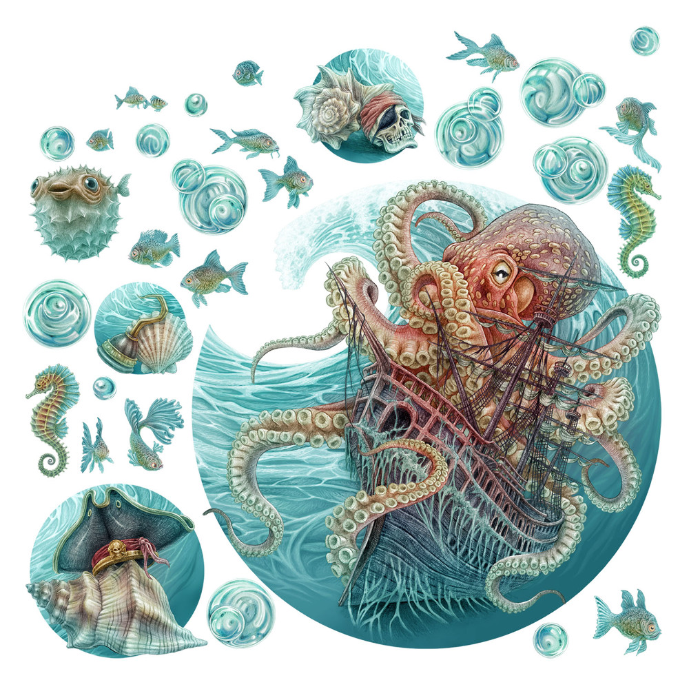 Autocolante pereți copii100x116 Regatul subacvatic al caracatițelor în culori pastelate