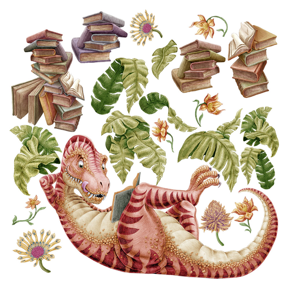 Autocolante pereți copii100x149 Un dinozaur de desene animate în frunze și pasteluri