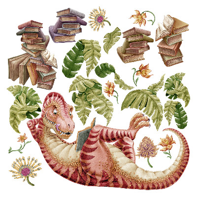 Autocolante pereți copii100x149 Un dinozaur de desene animate în frunze și pasteluri