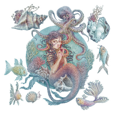 Autocolante pereți copii100x112 Scoici subacvatice și animale de basm