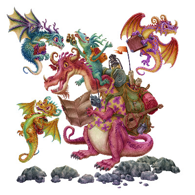 Autocolante perete130x174 Dragoni de desene animate într-un decor de basm colorat