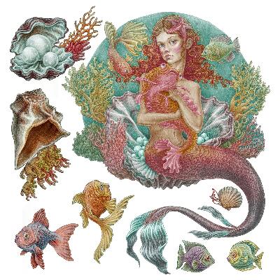 Autocolante perete130x129 Lumea de basm a peștilor și scoicilor sub formă de desene animate