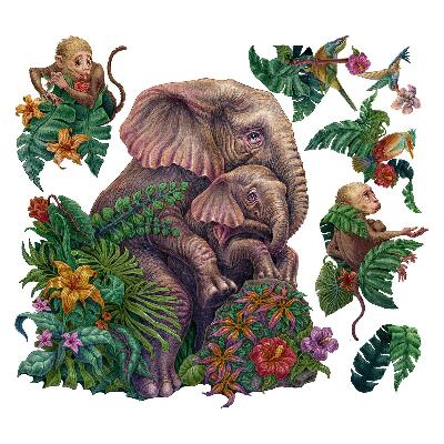 Autocolante perete130x164 Stil de desene animate cu safari și animale tropicale
