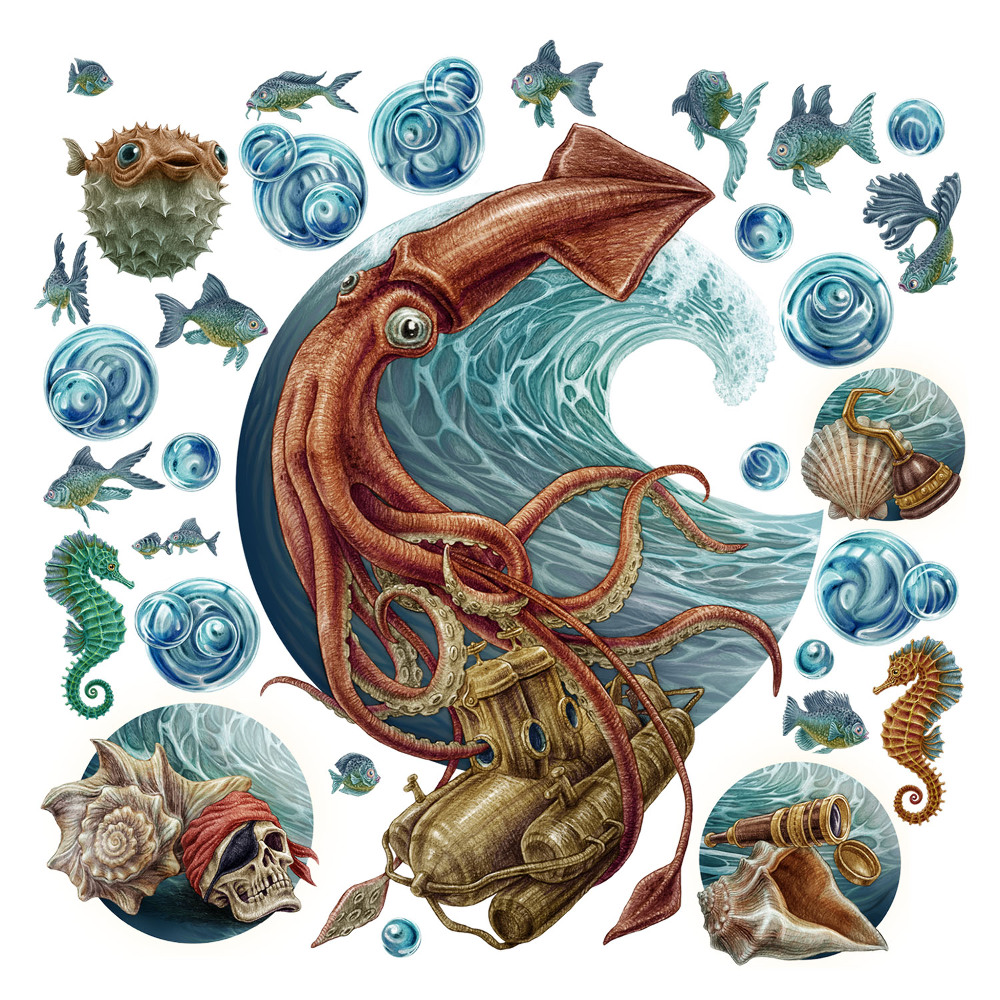 Autocolante perete130x131 O aventură subacvatică cu creaturi marine în stil