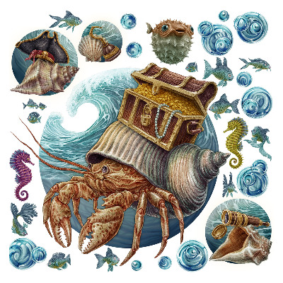 Autocolante perete130x142 Lumea marină a crabilor într-un stil ilustrativ