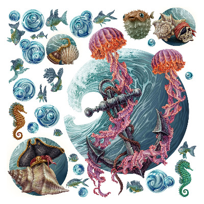 Autocolante perete130x139 Lumea desenelor animate a meduzelor într-un cadru subacvatic