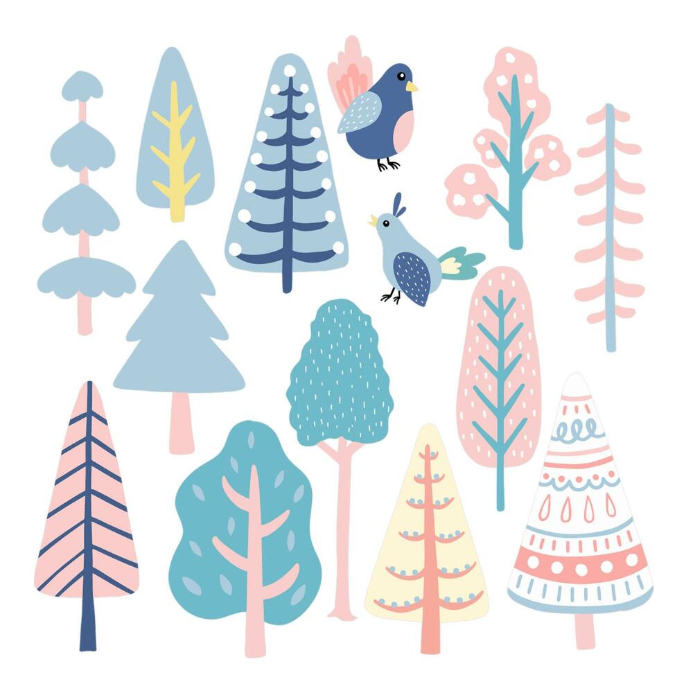 Autocolante perete130x162 Copaci și păsări boho pastelate