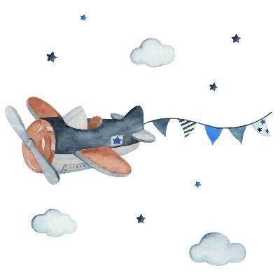 Autocolante perete130x206 Un avion pastelat într-un cer în acuarelă